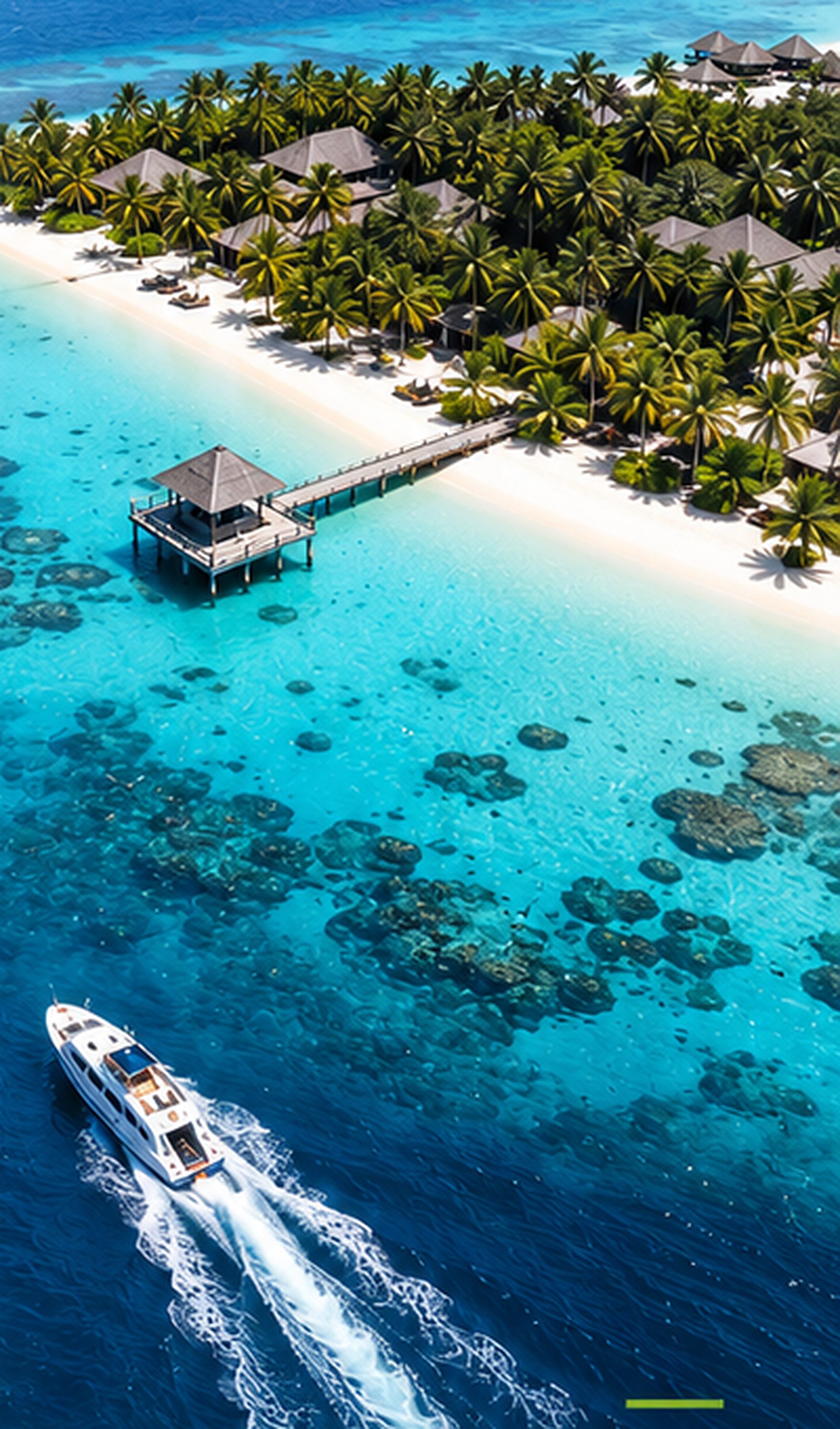 Aerial view of a Maldives resort island and reef
