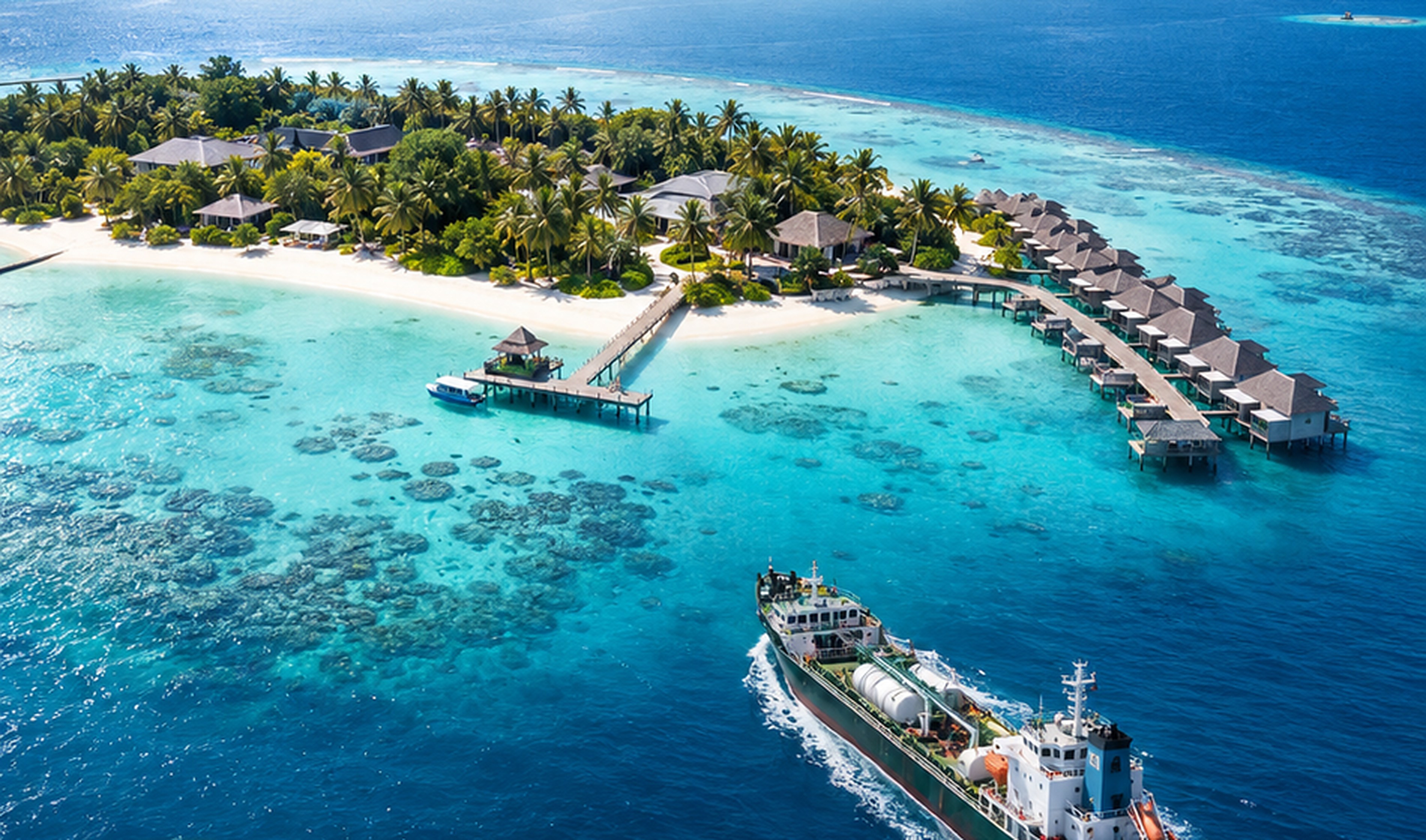 Aerial view of a Maldives resort island with a fuel supply vessel travelling through turquoise water